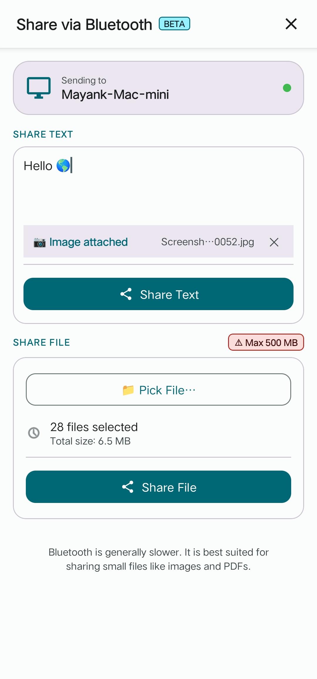 BlueKeys mobile fast sharing settings screen